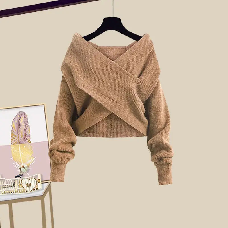 Spring/Summer Set Women's 2023 New Large Women's Korean Slim Cross Sweater High Waist Half Skirt Two Piece Set Fashion