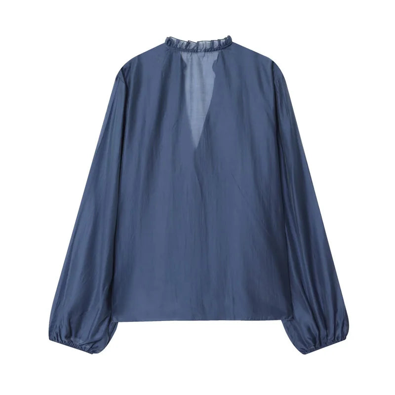 Women's Shirt 2025 Autumn New Style Deep Brown Long Sleeve Layered V-Neck Sexy Shirt Casual Fashion Versatile and Stylish