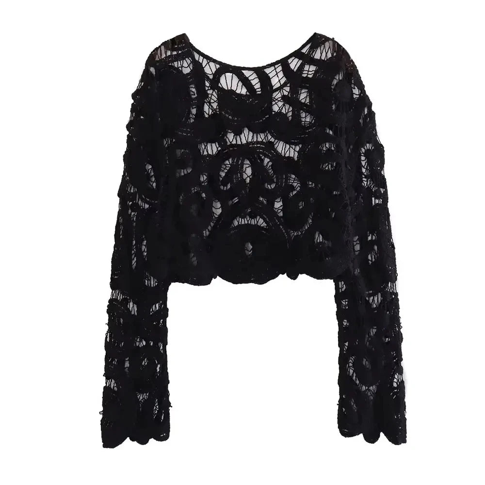 Women Fashion Cropped Semi-sheer Crochet Knit Sweater Sexy O Neck Long Sleeve Female Pullovers Chic Tops