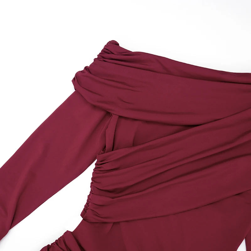 CUTENOVA Women'S Fall/Winter New Arrival Solid Color Elegant Fitted Asymmetrical Neckline Pleated Long Dress Chic Party Dress