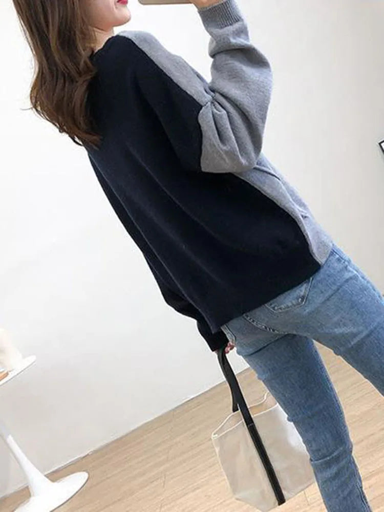 Korean Fashion Baggy Sweater Patchwork Contrasting Color Loose Knitted Cardigan Women's Casual Long Sleeved Knitted Gilet