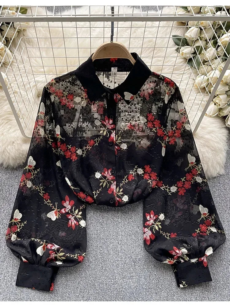 Women Spring Autumn Shirt New French Chic Thin Style Perspective Printed Shirt Loose Versatile Showing A Slim Stylish Top D5712
