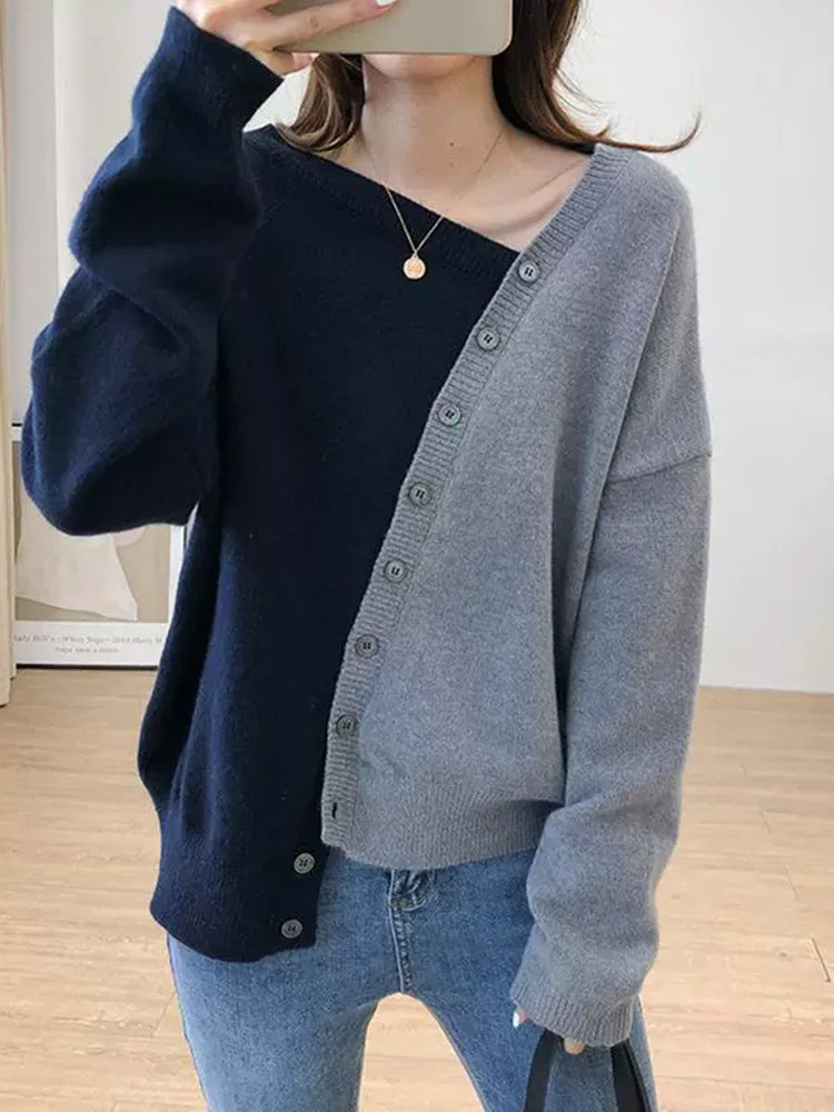 Korean Fashion Baggy Sweater Patchwork Contrasting Color Loose Knitted Cardigan Women's Casual Long Sleeved Knitted Gilet