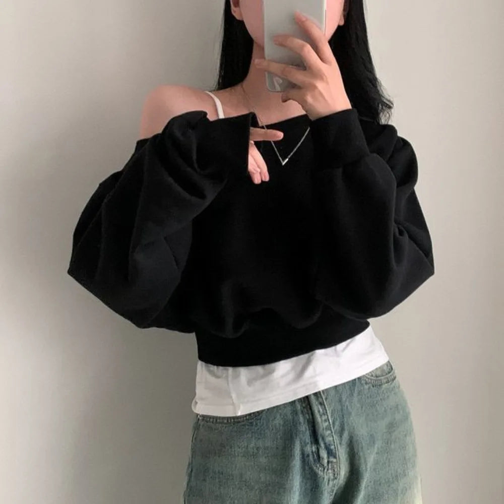 Korean Style Retro Long Sleeve T Shirt Loose Solid Color Sweatshirts for Women Casual Stylish Autumn Hoodie Crop Top Streetwear