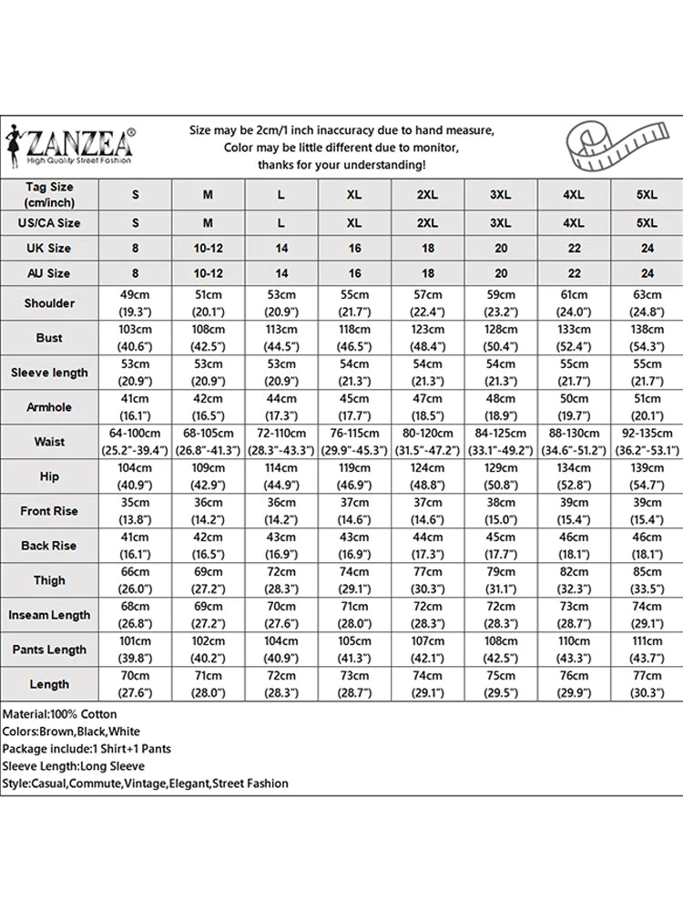 ZANZEA Women Cotton Pant Sets 2025 Print Vintage Autumn Long Sleeve Shirts Wide Leg Pants Outfit Casual OL Suits Oversized Sets