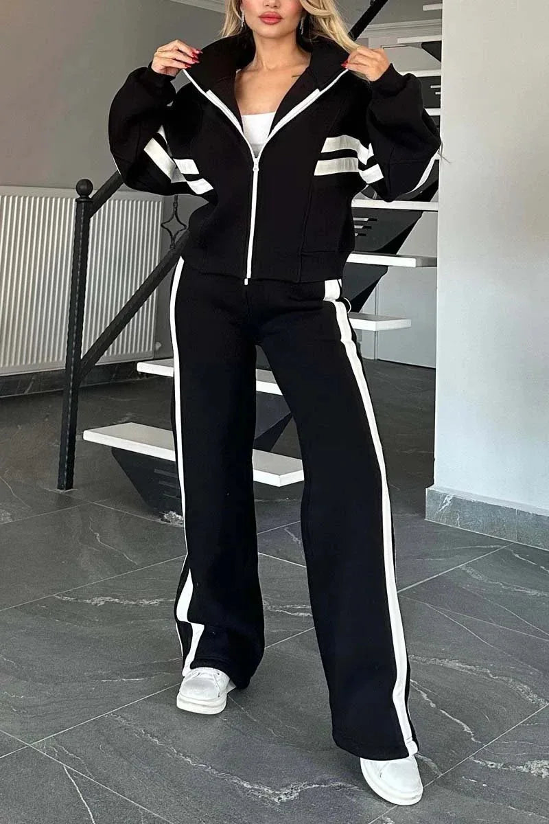 Fashion Long-sleeved Stand-up Collar Zipper Top + Wide-leg Pants 2-piece Set Women Autumn Striped Splicing Sport Suit Female Y2K