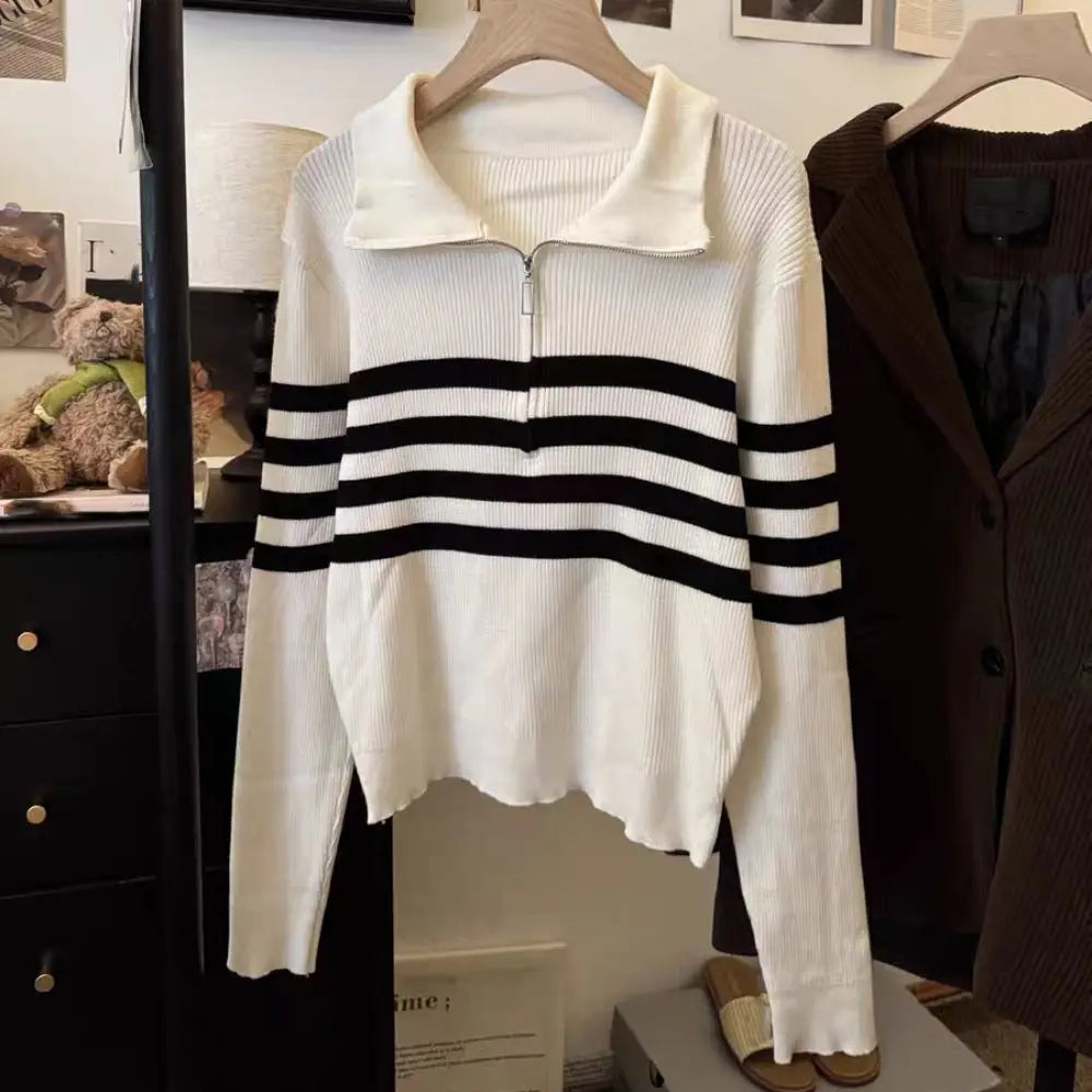 Korean Style Long Sleeve Knit Stripe Sweater Slim Fit Zipper Crochet Knitwear Soft Autumn Winter Sweet Girl's Pullover Women