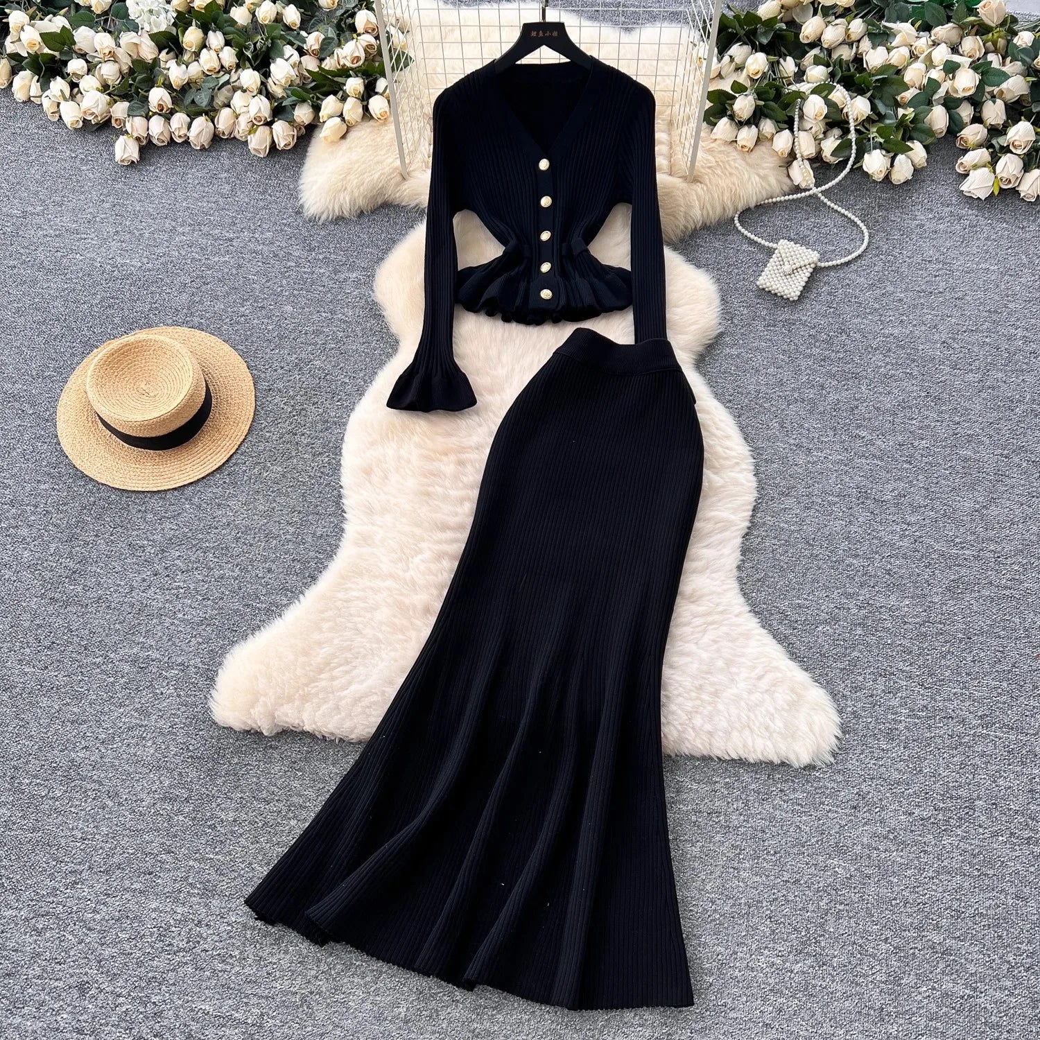 YuooMuoo Brand Fashion Two Piece Knitted Suits for Women Autumn Winter Lady Elegant Christmas Red Cardigans Tops and Long Skirts
