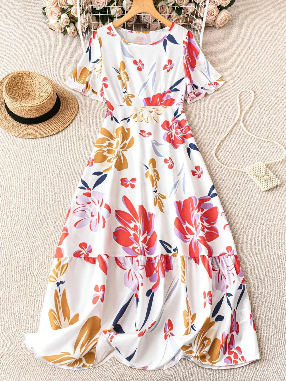 Women's French print frilly short sleeve crew neck dress and floor holiday beachwear