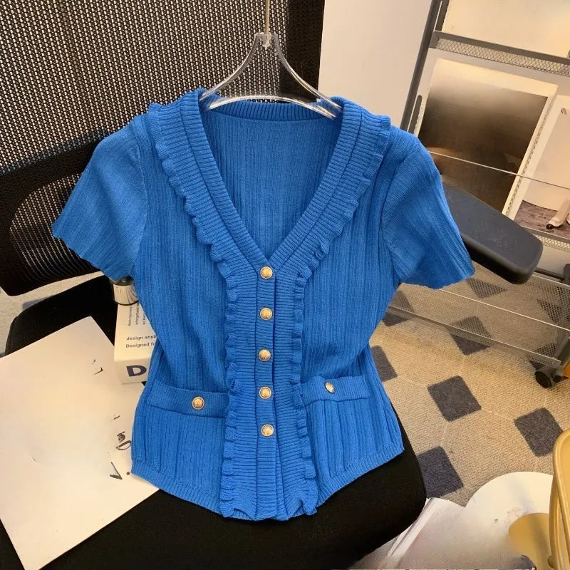 Knitted T Shirt For Women Solid Ruffles Spring Summer V Neck Elegant Ropa De Mujer Single Breasted Sweet T-shirts