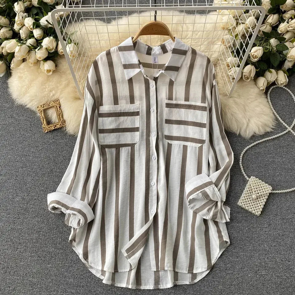Striped Blouses Women Midi Shirt Single Breasted Cardigan Shirts Loose Turn Down Collar Spring Casual Button Streetwear