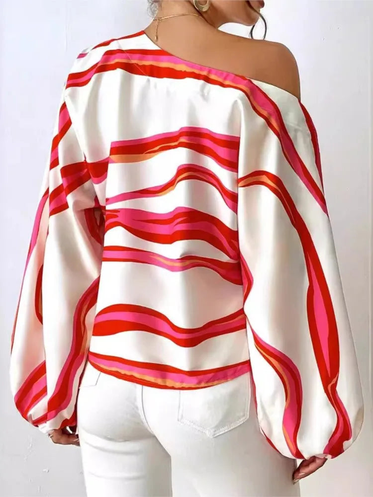 Women's Clothing 2024 Spring Summer New Style Temperament Off Shoulder One Neck Fashionable Printed Loose Women's Shirt