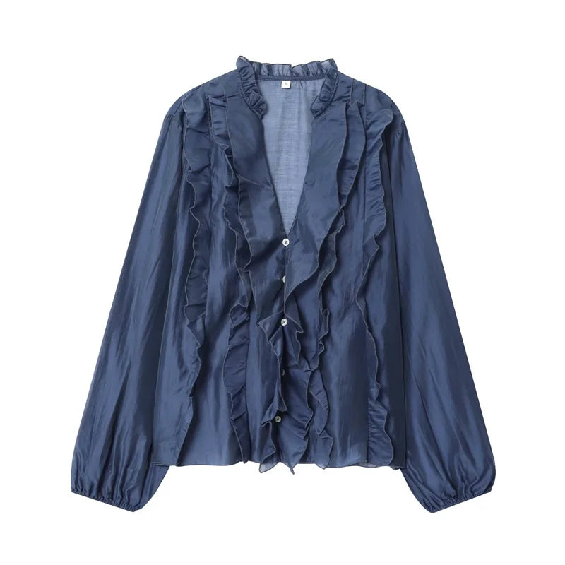 Women's Shirt 2025 Autumn New Style Deep Brown Long Sleeve Layered V-Neck Sexy Shirt Casual Fashion Versatile and Stylish