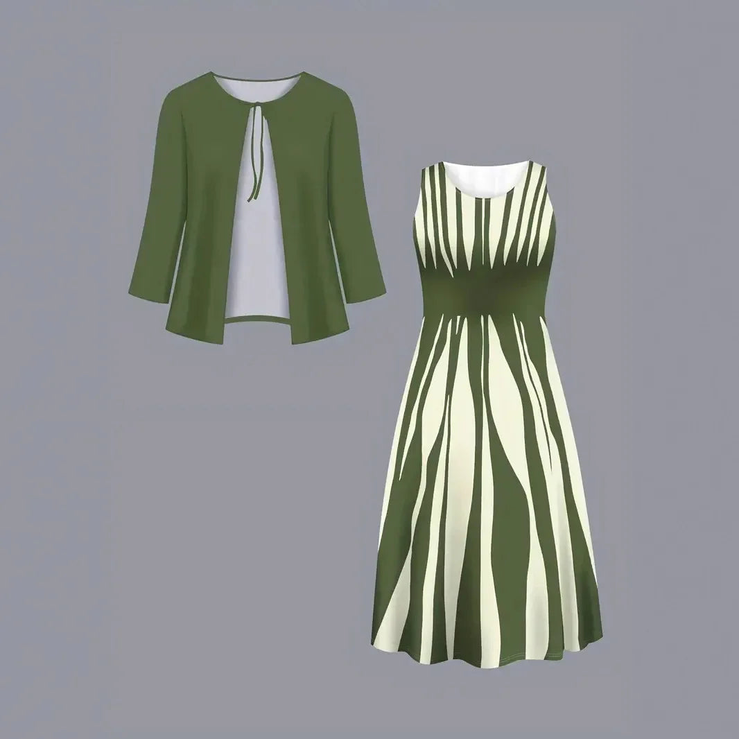 Plus Size Plus Size Geometric Print Long Sleeve Dress And Jacket Set Two Piece Set Large Size Polyester Fiber Women's Fashion