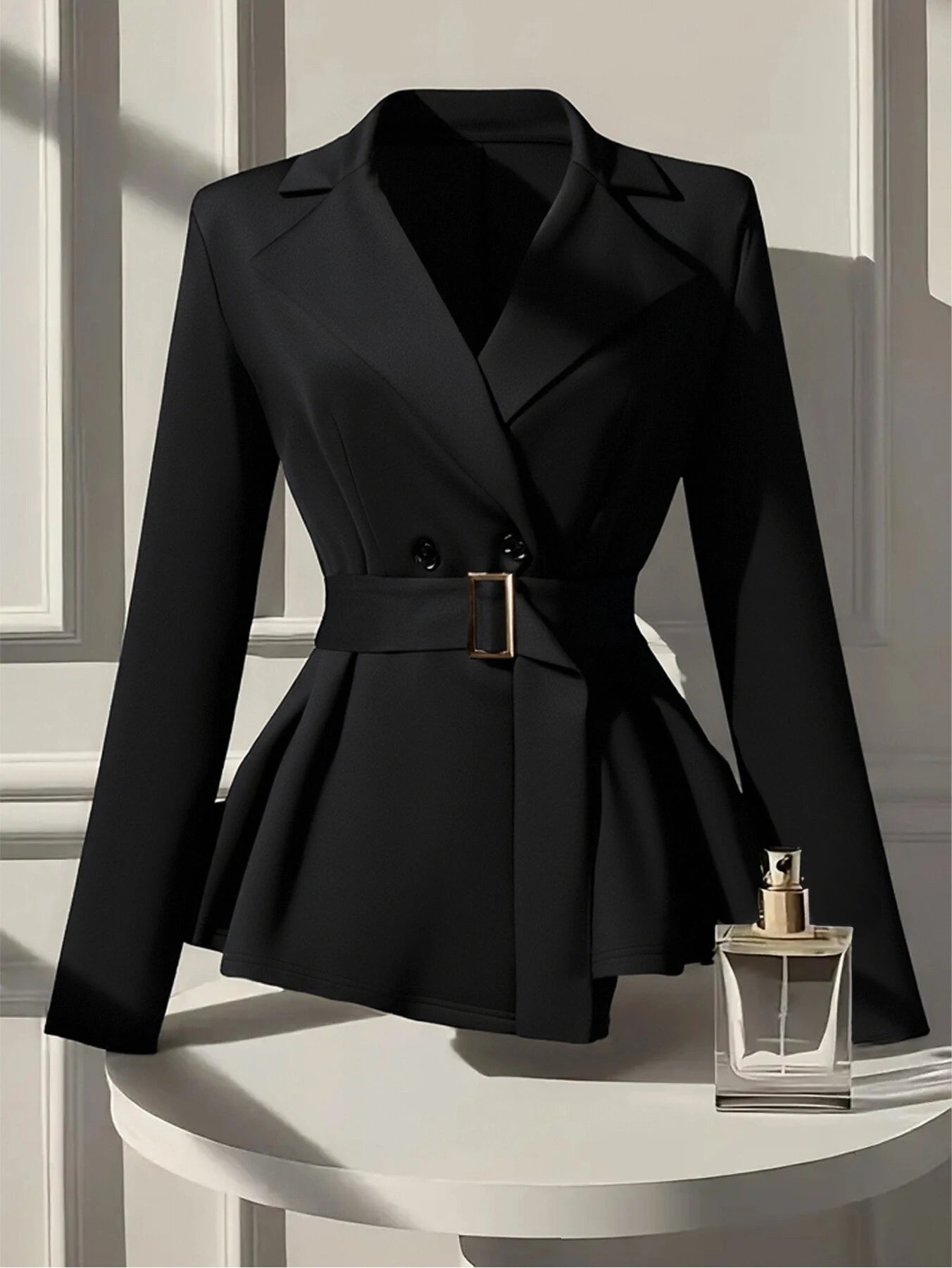 2025 Spring Autumn Women's New Black Waist-Cinched Blazer Sleek Elegant Style,Belted Waist, Ruffled Hem. Work/Business Commut