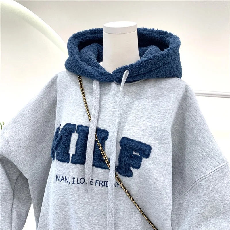Women Loose Fashion Autumn Letter Splicing Lamb Hoodies Sweatshirt Casual Cotton Thick Long Sleeve Female Pullover Streetwear