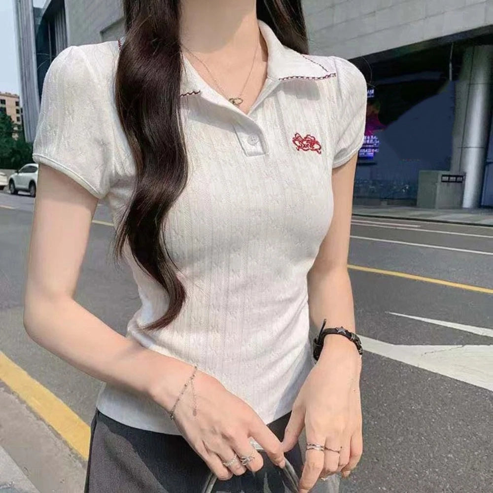 Sweet Embroidery Korean T-Shirt Streetwear Short Knitwear Tops Pullover Tanks Y2K Crop Top Girls