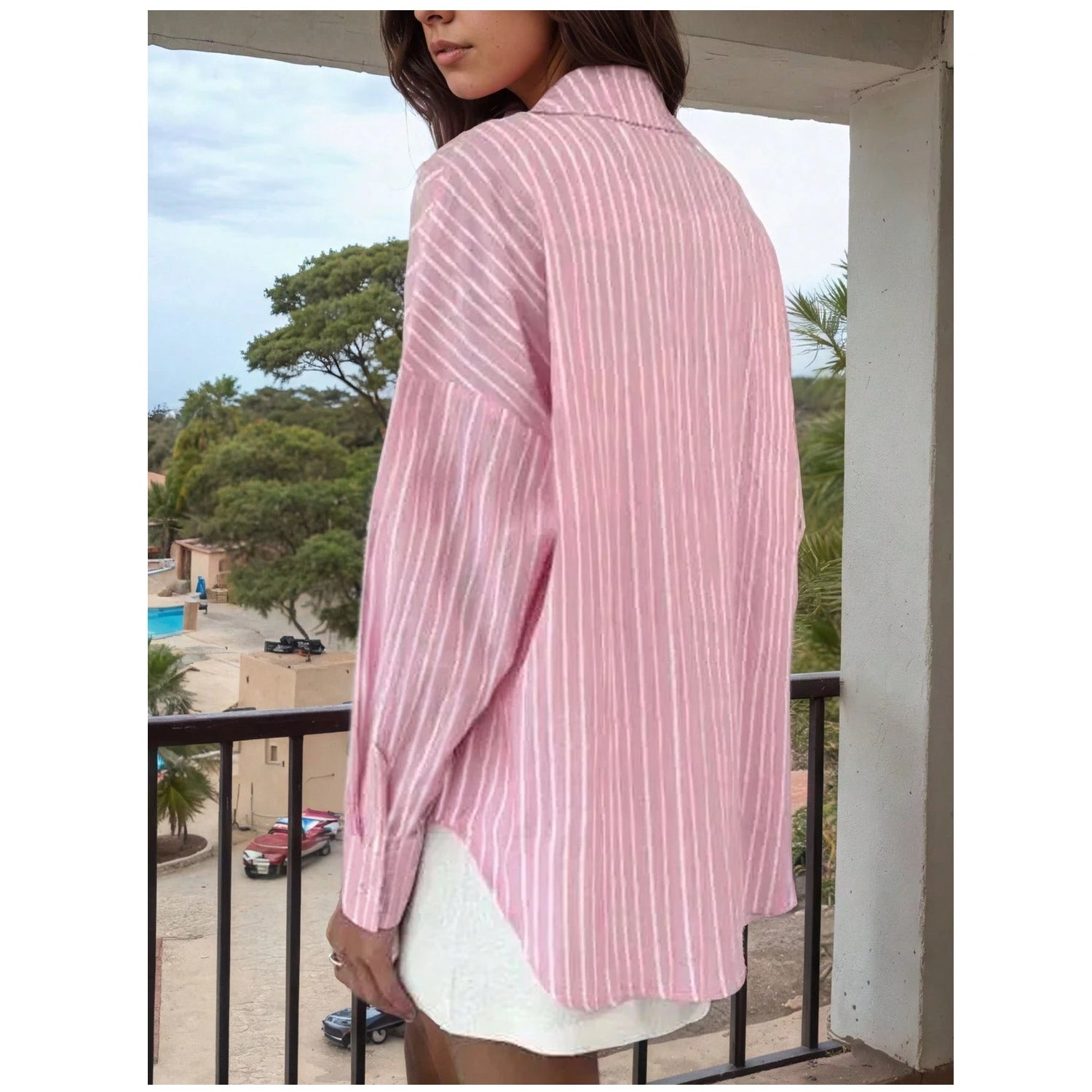 Women's Striped Shirt Casual Loose Polo Neck Long Sleeve Single Breasted Basic Office Lady Shirts