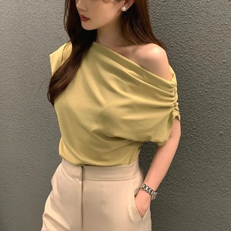 Korean Chic Tops in Summer New Niche Irregular Off-shoulder Design Loose Solid Color Pullover Short-sleeved T-shirt