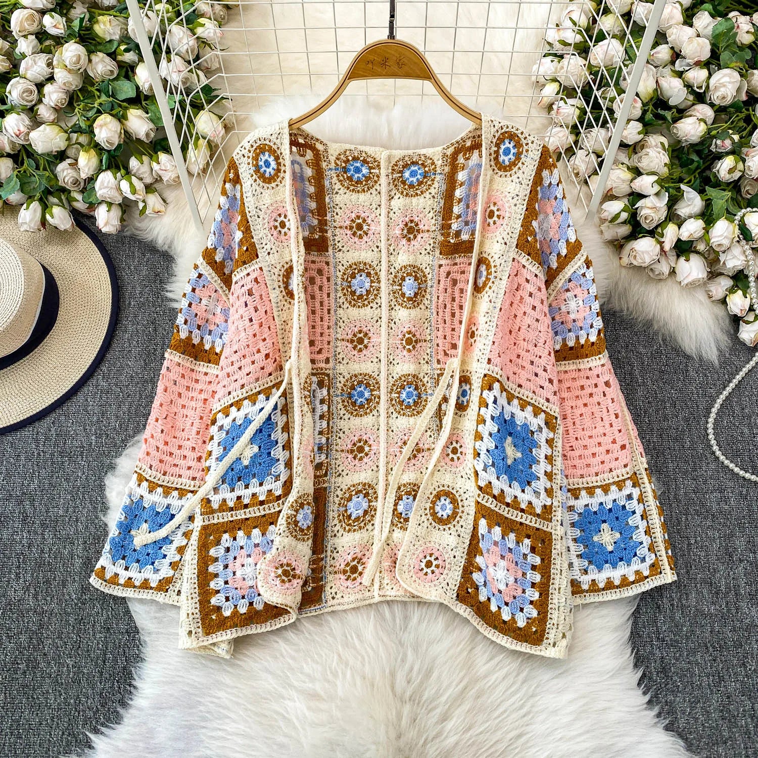 Women's Crochet Cardigan Open Front with Tie Granny Square Openwork Knit Oversized Jacket Top Female Summer Boho Vacation Outfit