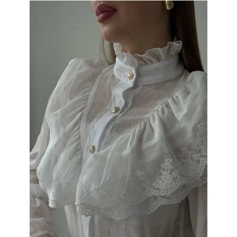 Fashion Korean White Blouse Women Blusas Stand Neck Chiffon Shirts Long Sleeve Ruffles Lace Blouses Vintage Elegant Femme Tops
