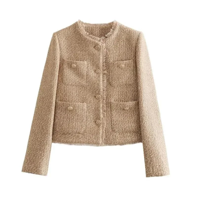 Fashion Tweed Cropped Jacket For Women 2024 Spring Elegant Single Breasted Pocket Coat Female Long Sleeve Round Collar Outerwear