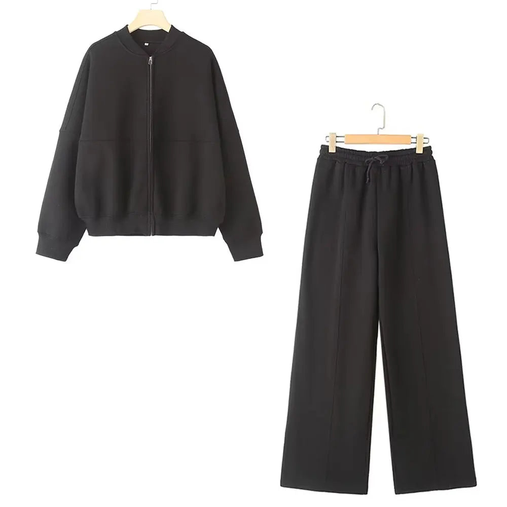 HH Bomber Jacket Pant Sets For Women Casual Long Sleeve Zipper Coat Vintage Solid Sweatshirt Outfits Autumn Woman Streetwear