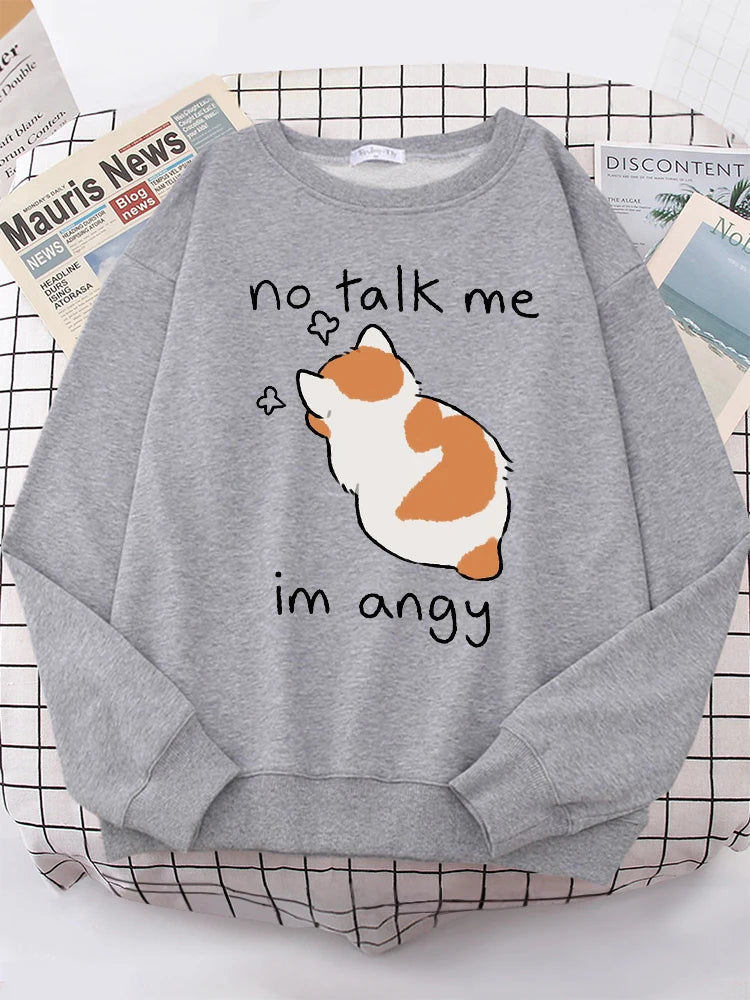 Female Sweatshirts No Talk Me Cute Angy Cat Print Top Women Harajuku Oversize Long-Sleeve Kawaii Animal 2024 New Lady Sweatshirt