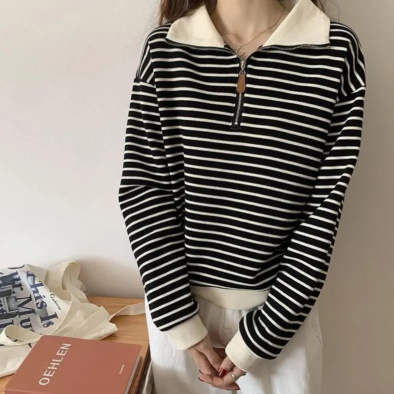 Polo Collar Sweatshirt for Women 2025 Autumn Small Short Jacket Striped Long Sleeve Top Pullover Top Trendy