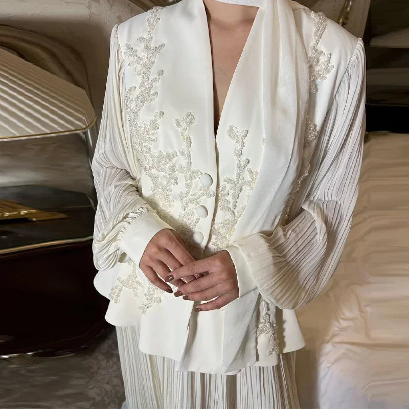 Elegant 3D Flower Solid Women Top Set  V-neck Lantern Sleeve A Line Pleated Lady Skirt Sets 2025 Autumn Female Suit New