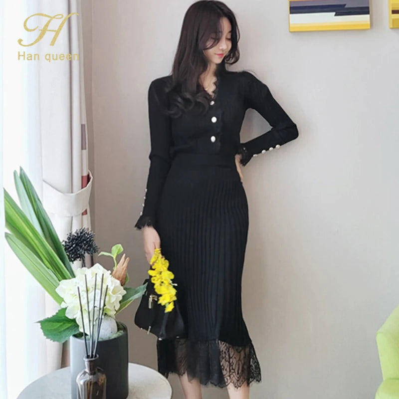 H Han Queen Korean 2 Pieces Set Women's Knitted Bottoming Vestidos Stitching Lace Black Single-breasted Mermaid Lady Skirt Suit