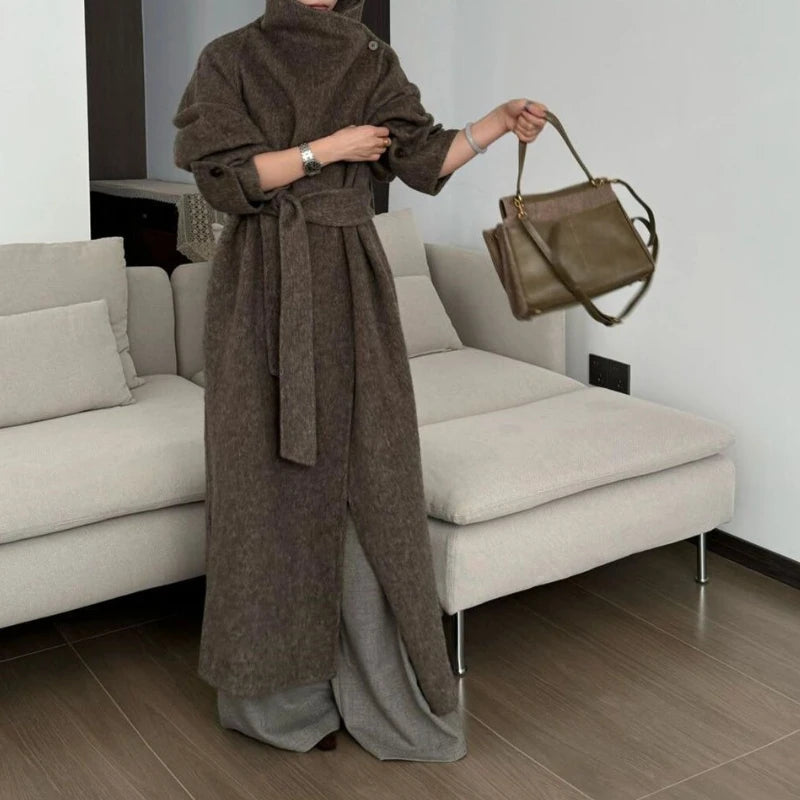 Temperament: Mid-length Woolen Jacket 2025 New Waist Lace-up Slimming Loose Commuter Coat for Women