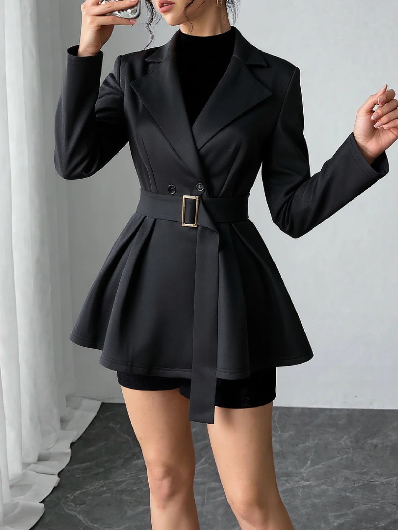2025 Spring Autumn Women's New Black Waist-Cinched Blazer Sleek Elegant Style,Belted Waist, Ruffled Hem. Work/Business Commut