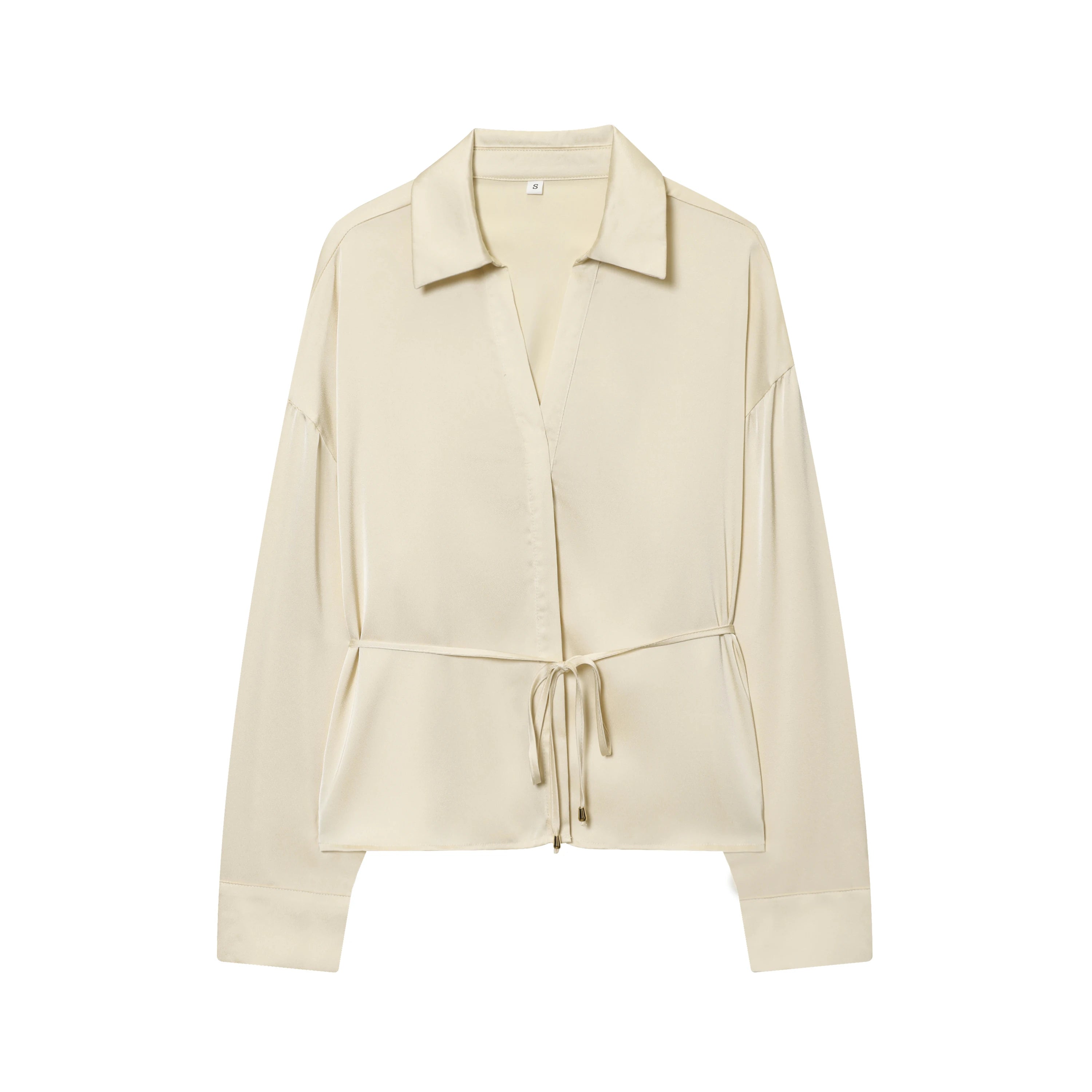 Women's elegant long-sleeve shirt with drawstring waist, available in burgundy and beige, creating a stylish office and casual l