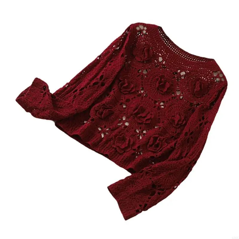 G5GC Crochet Hollowed Out Knit Sweater Crop Top for Women Soft Cotton Fabric Elegant 3D Flower Long Sleeve Pullover Coverup