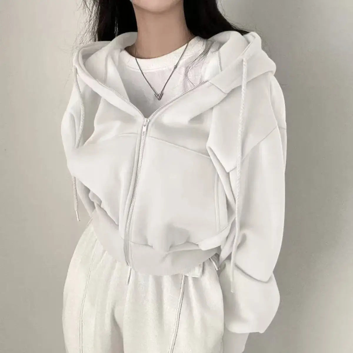 Korean Fashion Hood Shirt Women Zipper Cropped Jackets Streetwear Harajuku Long Sleeve Sweatshirt Solid Casual Female Hoodies
