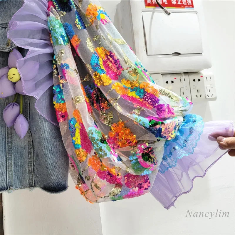 Women 3D Flowers Beaded Denim Bomber Jacket Mesh Ruffles Splice Sequins Jeans Coat Gauze Pleated Cardigan Lantern Sleeve Tops