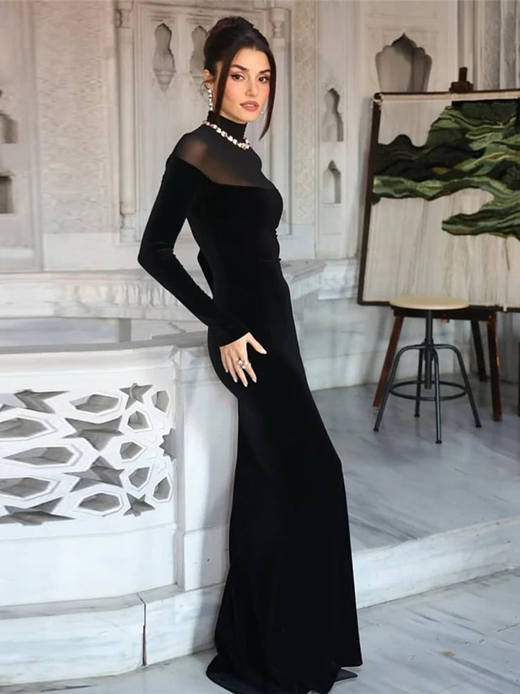 Nibber Full Sleeve Turtleneck Mesh Patchwork Long Dress Woman Elegant Velvet Slim High Waist Evening Prom Party Elegant Bodycon