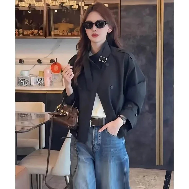 Double-breasted Short Windbreaker Jacket for Women Spring Autumn New Casual Loose Versatile Top