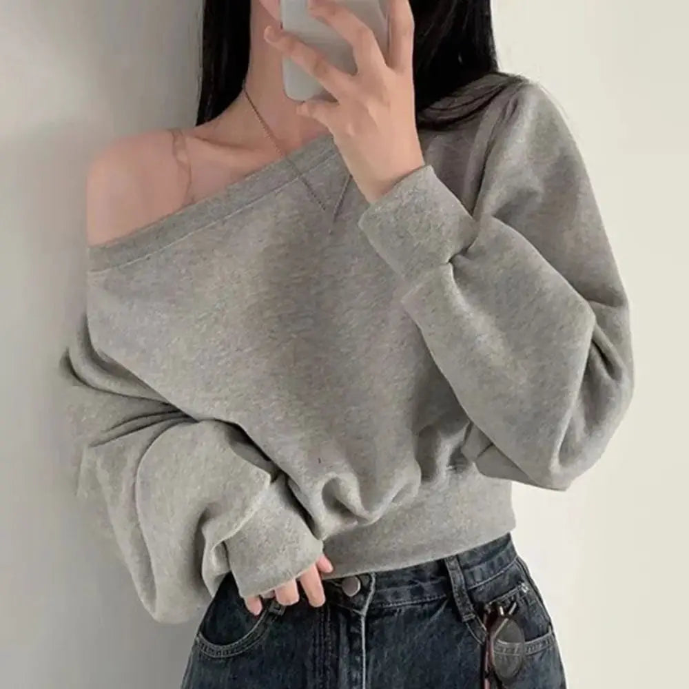 Korean Style Retro Long Sleeve T Shirt Loose Solid Color Sweatshirts for Women Casual Stylish Autumn Hoodie Crop Top Streetwear