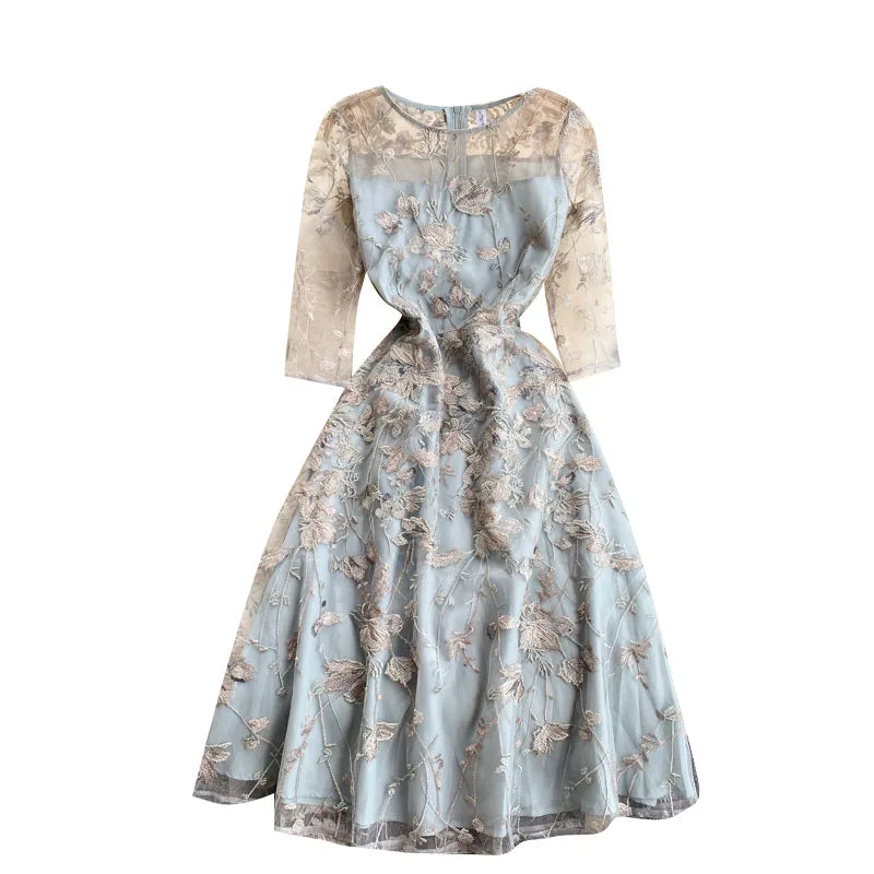 Ele Embroidered Net Gown Dr Korean Sle round Ne High Waist A-Line Skirt for Young Women Summer Faion Dr