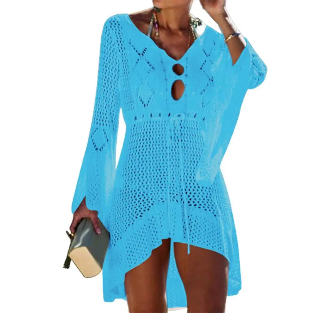 Sexy Women’s Bathing Suit Beach Cover Up Hollow Out Knitted Women Flared Sleeves Solid Color Beach Dress saida de praia