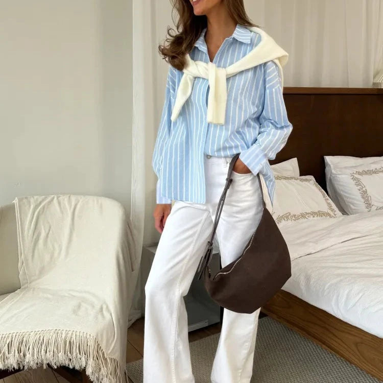 Women's Striped Shirt Casual Loose Polo Neck Long Sleeve Single Breasted Basic Office Lady Shirts