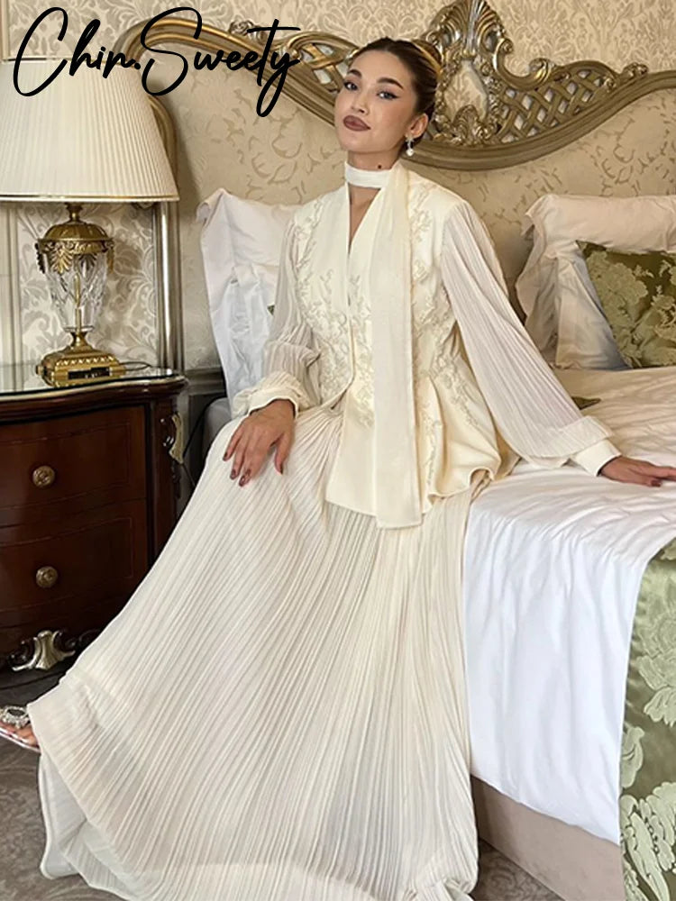 Elegant 3D Flower Solid Women Top Set  V-neck Lantern Sleeve A Line Pleated Lady Skirt Sets 2025 Autumn Female Suit New