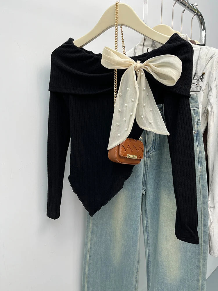 Sweet Korean Fashion Sweater Women's Bow Tied Off Shoulder Irregular Knitted Pullovers Autumn Winter Chic Sexy Short Crop Tops