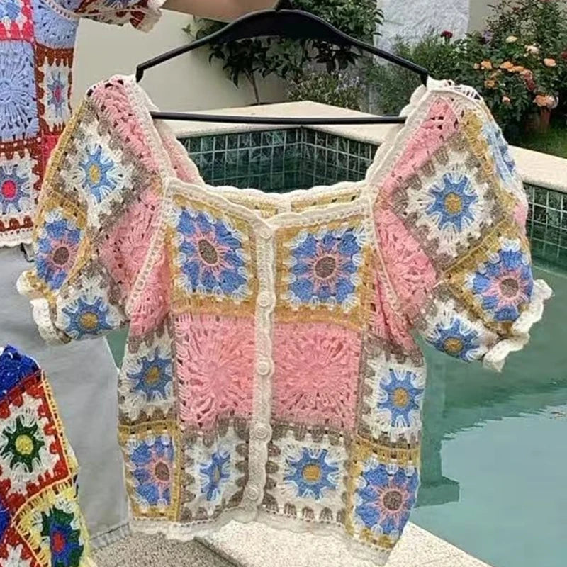 Granny Crochet Top with Puff Sleeve Button Front Openwork Knit Cardigan Blouse Summer Boho Beach Outfit