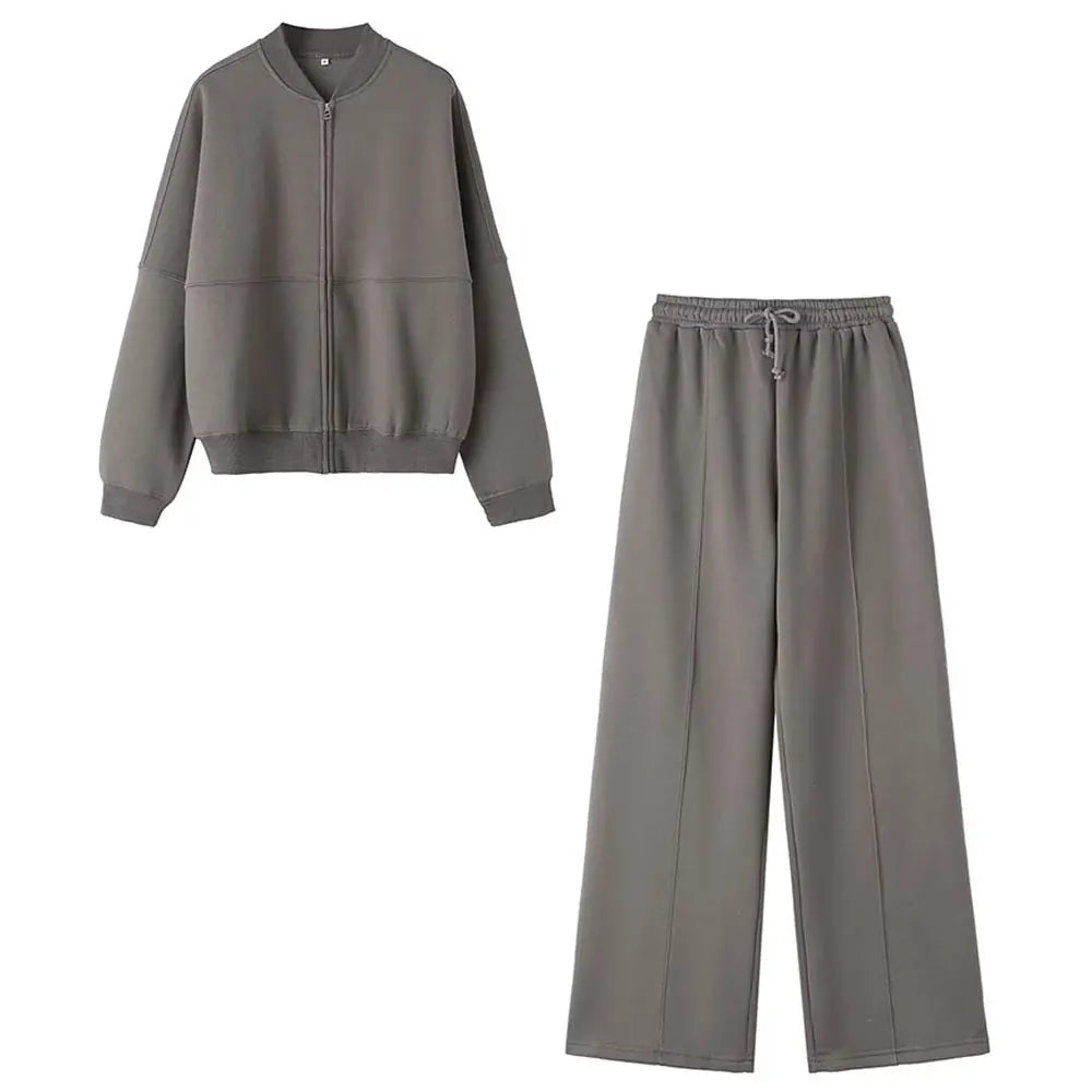 HH Bomber Jacket Pant Sets For Women Casual Long Sleeve Zipper Coat Vintage Solid Sweatshirt Outfits Autumn Woman Streetwear