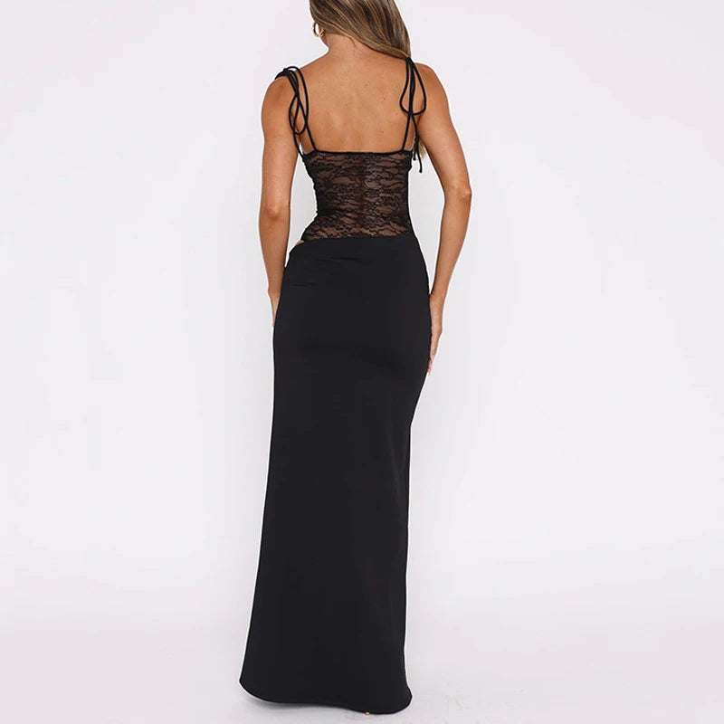 Spring/Summer Sleeveless Lace Splicing Slip Dress New Solid Color Suspender Strap Elegant Bodycon Sexy Party Evening Long Dress