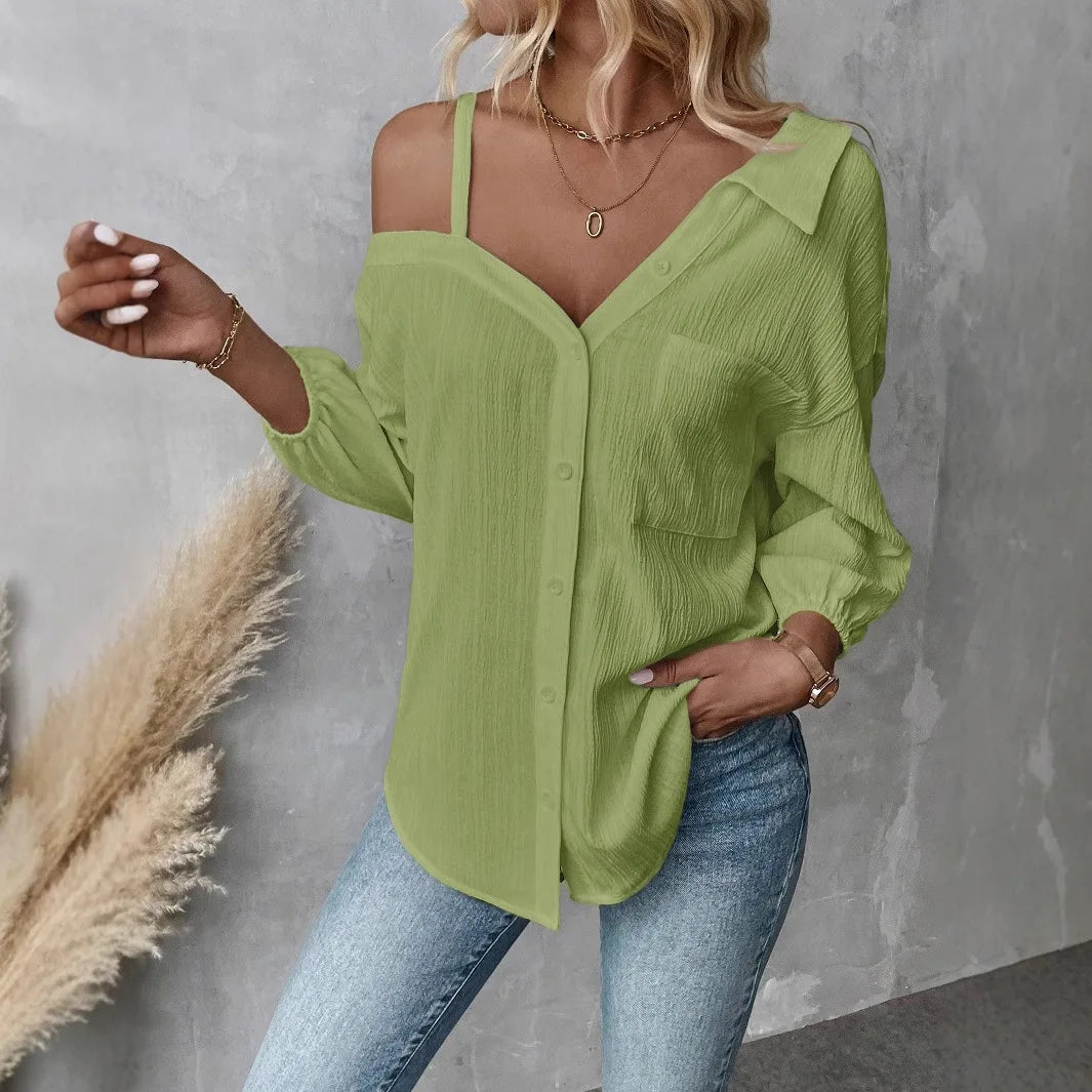Women Solid Shirt Sexy V Neck Off Shoulder White Shirts Tops Lady Fashion Pockets Button Office Top Womens Clothing Summer New