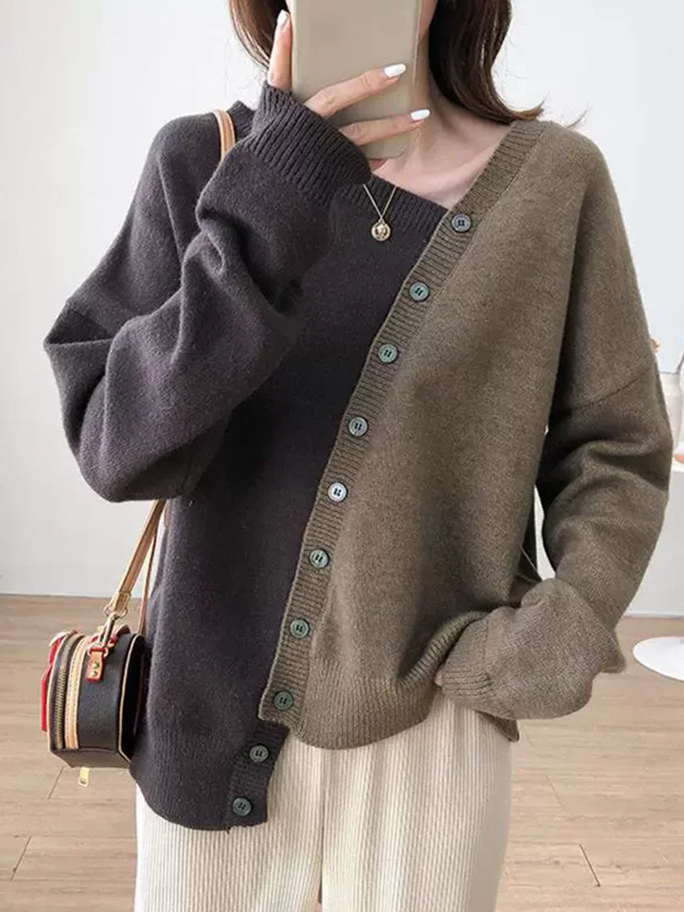 Korean Fashion Baggy Sweater Patchwork Contrasting Color Loose Knitted Cardigan Women's Casual Long Sleeved Knitted Gilet